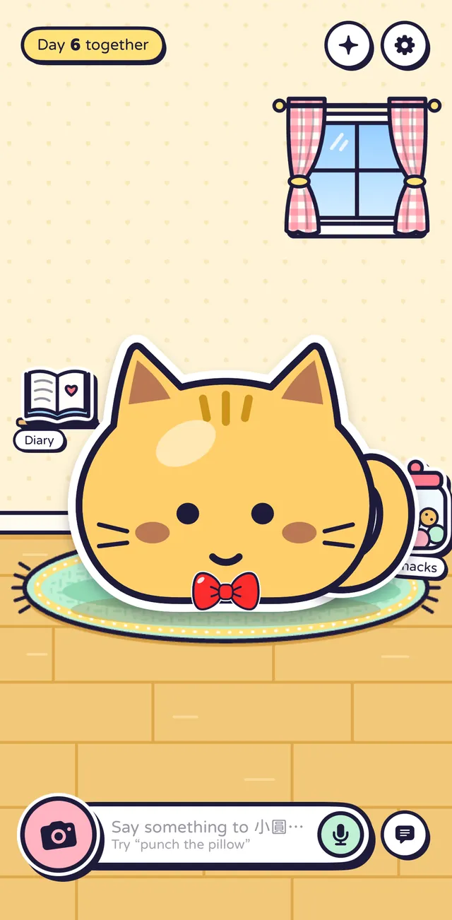 The Mallowly home screen: your roommate in its room, with the camera and message bar below
